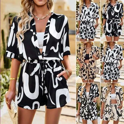 Women’s Casual Two-Piece Set — Printed Shirt & Shorts
